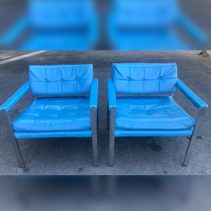 Mid-Century chrome blue vinyl lounge arm chairs