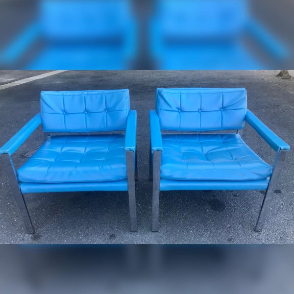 Mid-Century chrome blue vinyl lounge arm chairs